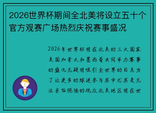 2026世界杯期间全北美将设立五十个官方观赛广场热烈庆祝赛事盛况